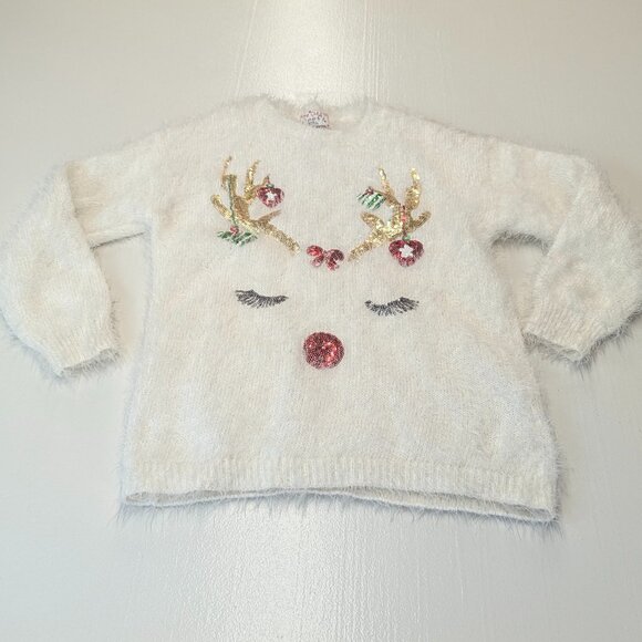 Poof Girl Merry Christmas Size *Large (Medium) Cream Colored Reindeer Sweater - Picture 1 of 6